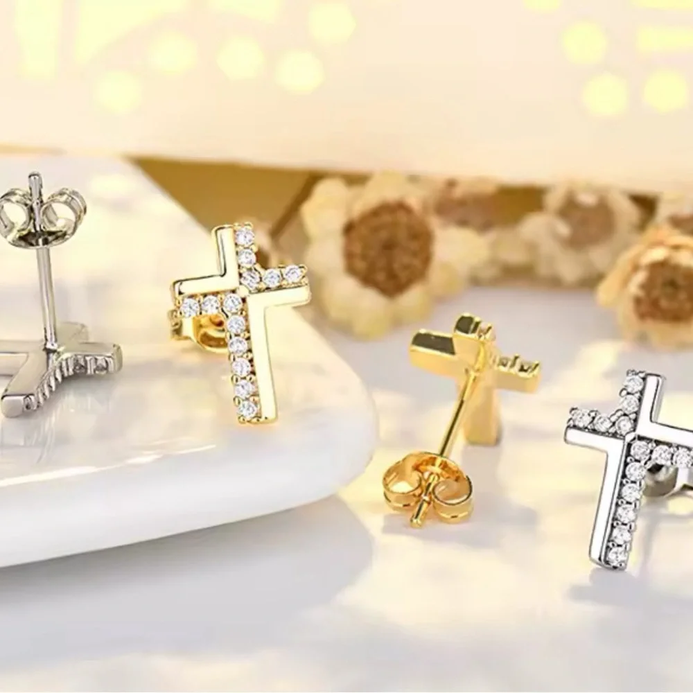 Unisex Yellow Gold Plated S925 Simulated Diamond Cross‎ Stud Earrings, 0.8cm